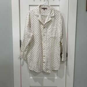 Flax Linen White/Black Polka Dot Top Button Down Sz Small Lagenlook‎